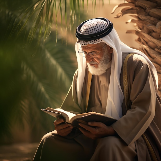 Photo un homme arabe lisant un livre seul