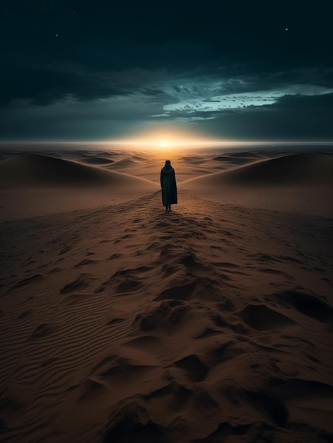 Un homme d'Arafed se promène dans le désert la nuit avec un ciel sombre génératif ai