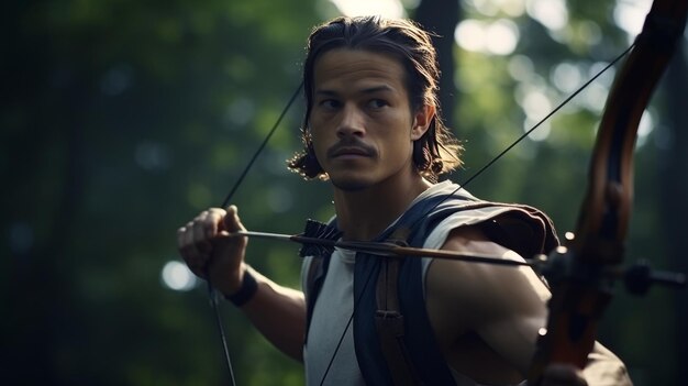 Photo un homme avec un arc et une flèche dans la forêt