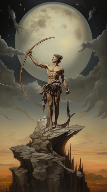 Photo un homme avec un arc et une flèche pointant vers le ciel
