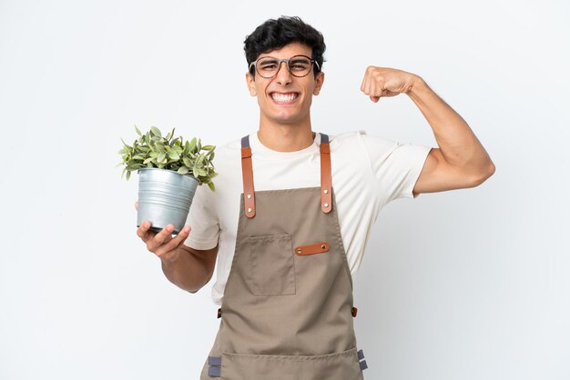 Homme argentin jardinier tenant une plante isolée sur fond blanc faisant un geste fort