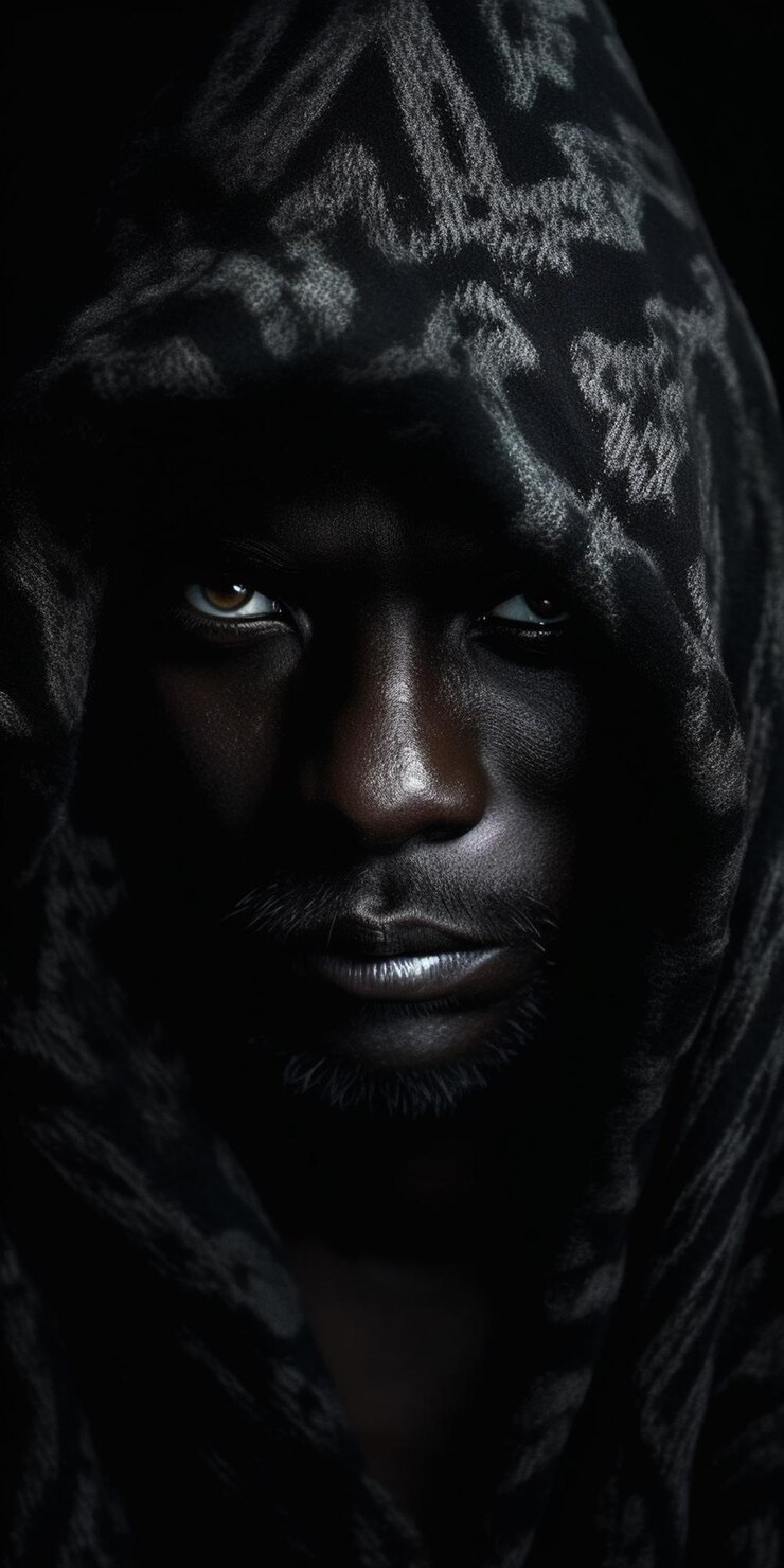Un homme armé d'une capuche à motifs noirs et blancs