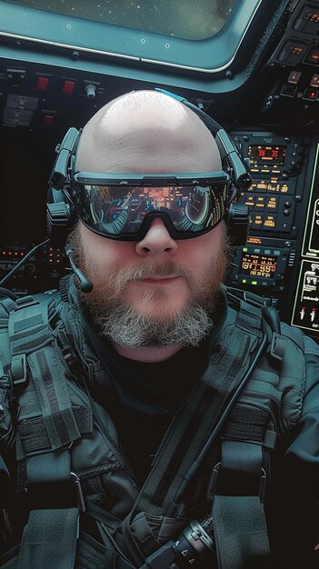 un homme armé dans un cockpit portant des lunettes de protection et un casque