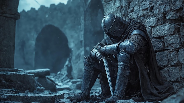 Photo un homme en armure accroupi avec une épée à la main.