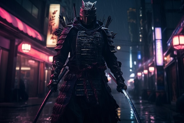 Photo un homme en armure de samouraï avec une épée se promène dans les rues nocturnes du japon illustration 3d