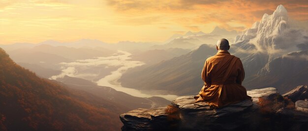 un homme arrafé assis sur un rocher surplombant une vallée de montagne