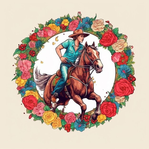un homme arrafé à cheval avec une couronne de roses autour de lui