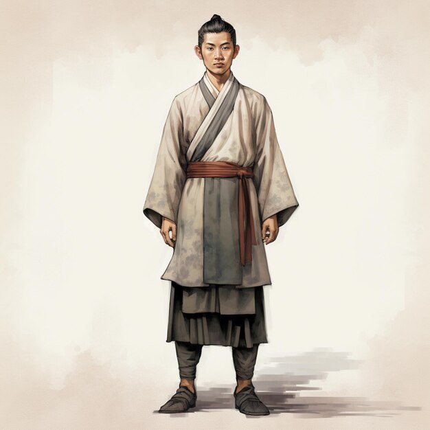 un homme arrafé dans une tenue traditionnelle japonaise debout devant un fond blanc