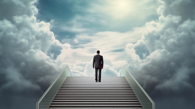 Un homme arrafé montant un escalier vers un ciel lumineux