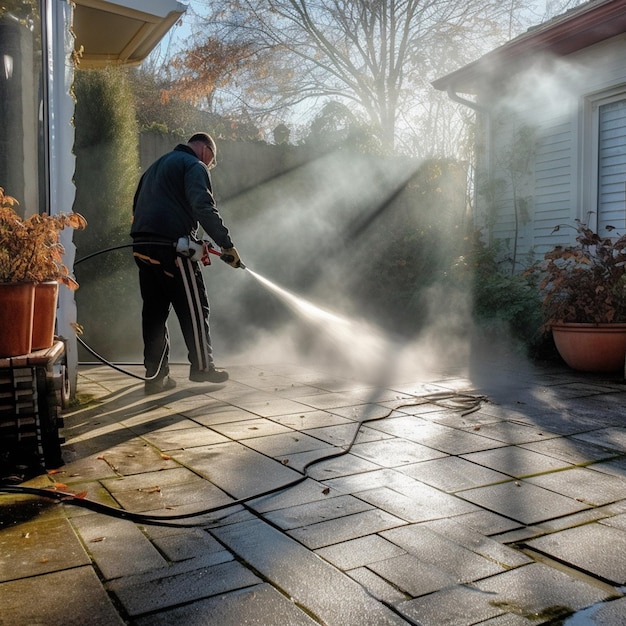 un homme arrafé utilisant un tuyau pour nettoyer un patio génératif ai