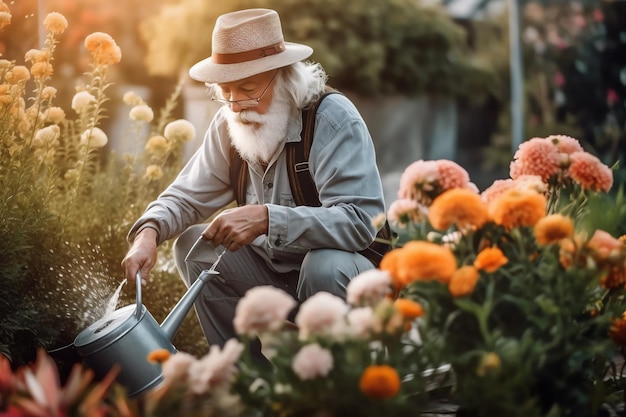 Un homme arrosant des fleurs dans un jardin