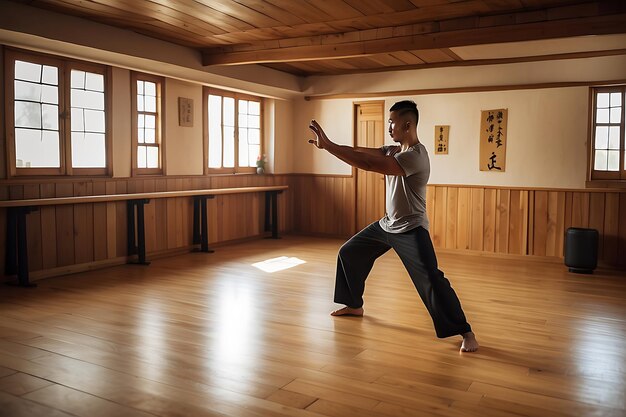 Un homme d'arts martiaux pratiquant des arts martiaux dans une pièce avec des murs en bois