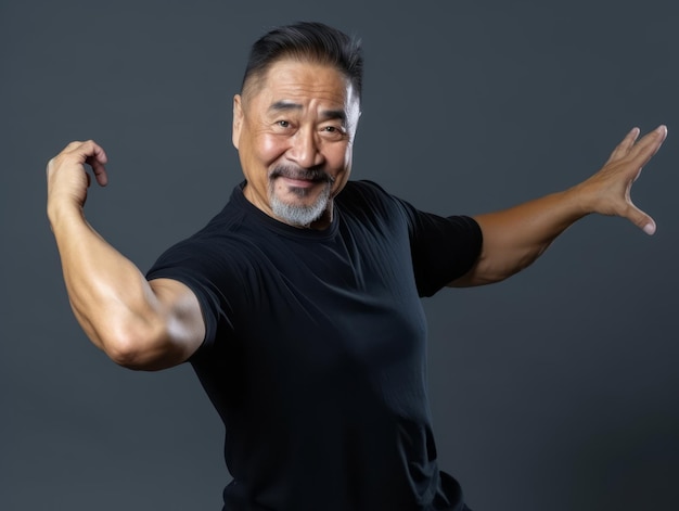 Un homme asiatique de 50 ans pose dynamiquement émotionnel.