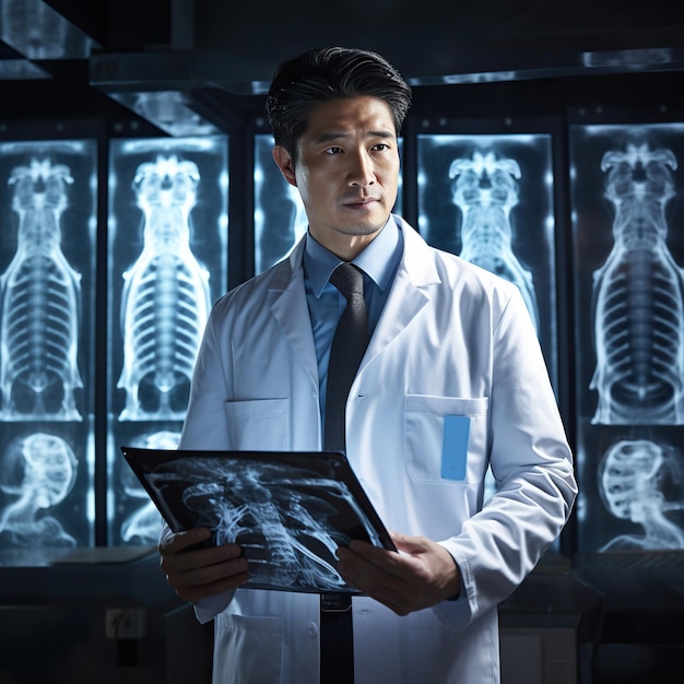 Un homme asiatique adulte dans un manteau de laboratoire blanc et une cravate debout devant des images X-ray tenant une tablette