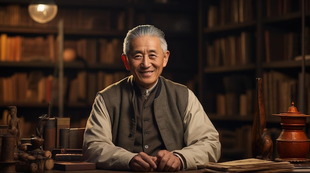 Un homme asiatique âgé assis à la bibliothèque avec des livres.