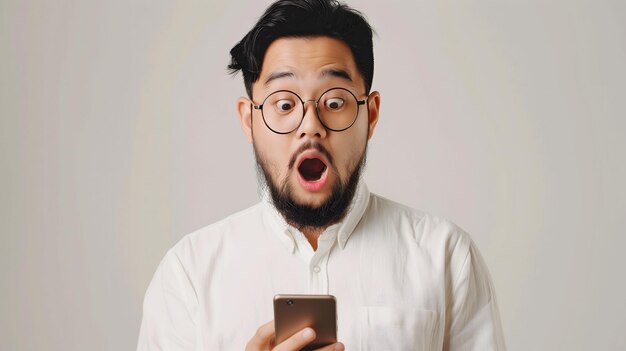 Un homme asiatique à la barbe, en chemise blanche et avec des lunettes, montrant une expression choquée au téléphone portable.