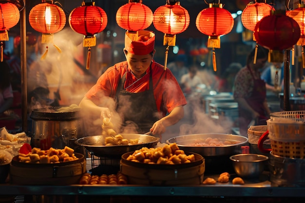 Un homme asiatique cuisinant de la nourriture fraîche dans la rue.