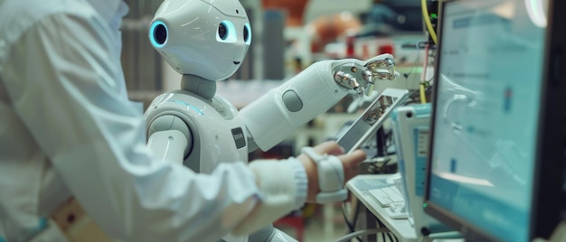 Photo un homme asiatique développe la production de logiciels pour une installation de robotique tout en tenant une tablette et en contrôlant une main robotique qui se déplace de différentes manières.