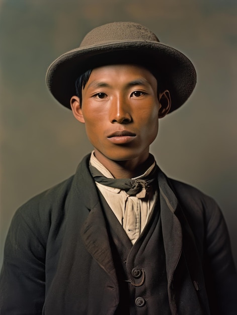 Homme asiatique du début des années 1900, vieille photo colorée