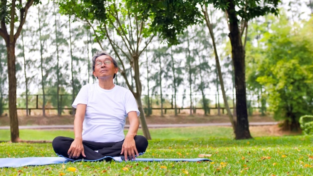 Homme asiatique, faire du yoga dans le parc.