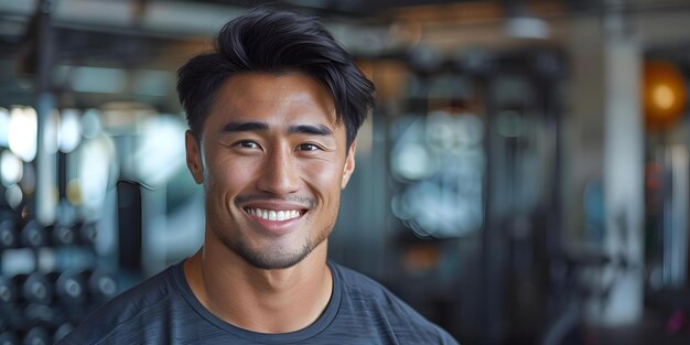 Homme asiatique en forme souriant en regardant la caméra dans un gymnase Concept Fitness Homme Asiatique Souriant Gym Style de vie sain