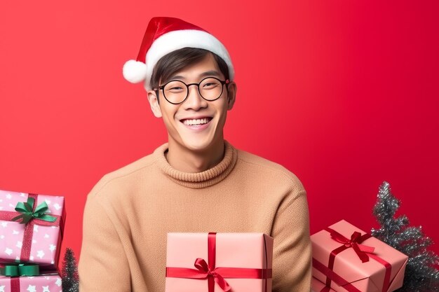 Un homme asiatique hipster tendance et mignon est prêt pour les chapeaux de Noël de fête de Noël