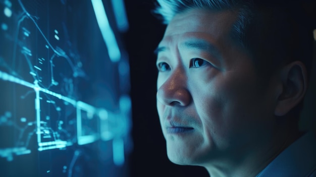 Homme asiatique mature avec une curiosité étonnante regardant l'innovation technologique futuriste à affichage numérique holographique Generative AI AIG20
