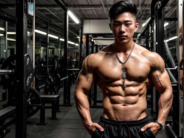 Homme asiatique musclé avec un collier Portrait regardant la caméra dans l'illustration du gymnase