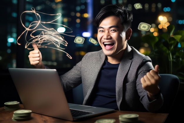 Homme asiatique avec ordinateur portable et pile d'argent Concept de réussite commerciale