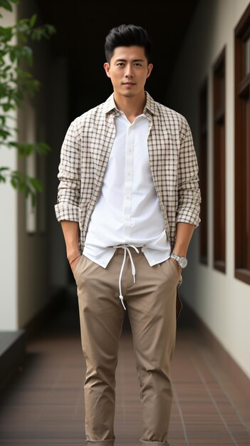 Un homme asiatique portant une chemise blanche et un pantalon brun