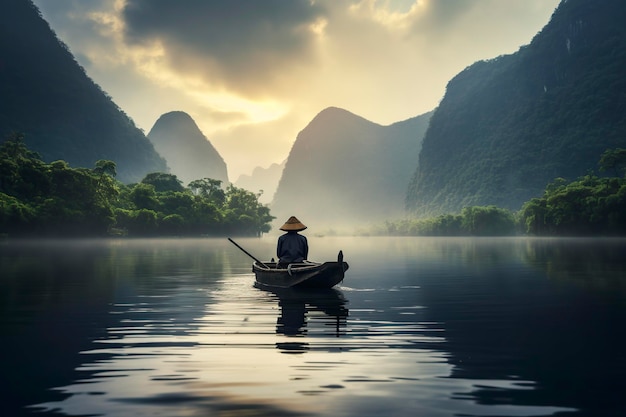 un homme asiatique ramant son bateau sur un lac