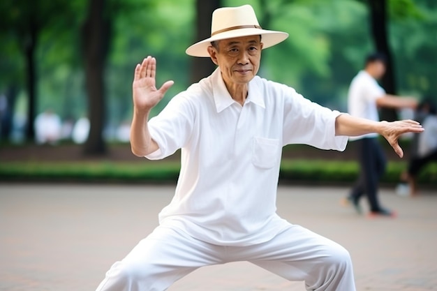 Homme asiatique à la retraite pratiquant le tai chi chuan au parc Generative AI