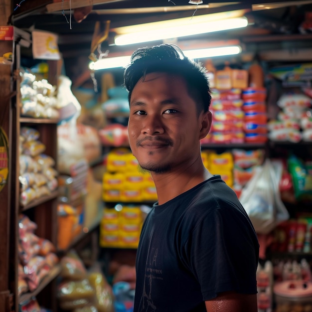 un homme asiatique se tient devant un magasin