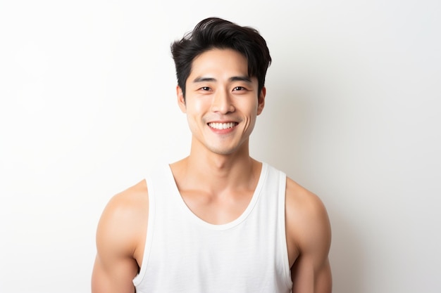 Un homme asiatique en singlet blanc avec une expression de rire heureuse.