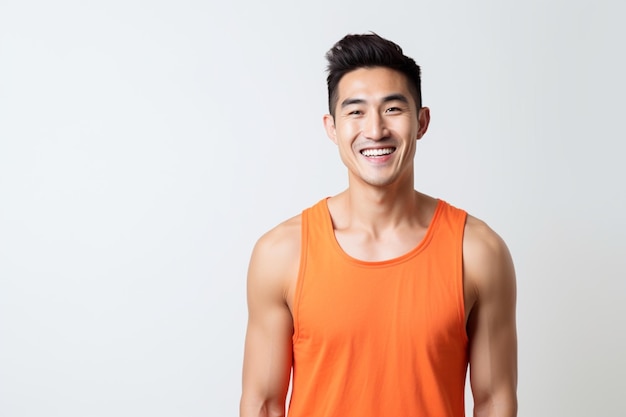 Un homme asiatique en singlet orange avec une expression de rire heureuse.