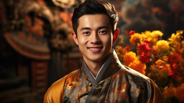 Un homme asiatique souriant portant des vêtements traditionnels chinois Festival du printemps chinois Nouvel an chinois