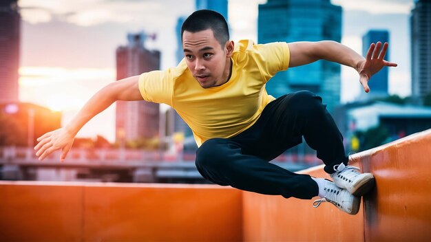 Photo un homme asiatique en t-shirt jaune sautant sur un mur orange.