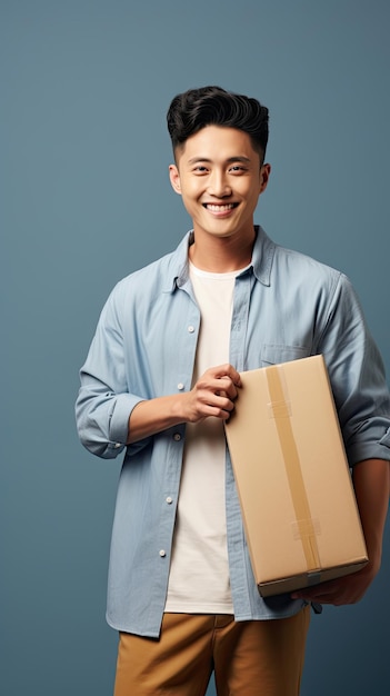 Homme asiatique tenant une boîte