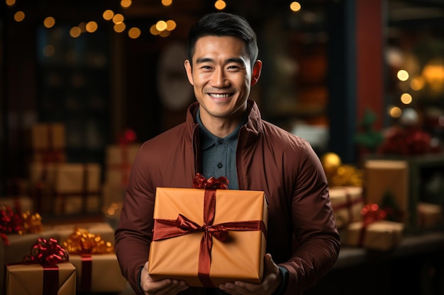 un homme asiatique tient une boîte avec un cadeau de Noël dans les mains