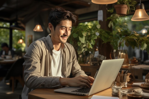 Homme asiatique travaillant avec son ordinateur portable dans un bureau traditionnel en bois de teck Generative AI