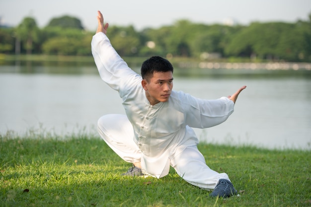 Homme asiatique travaillant avec Tai Chi le matin au parc, arts martiaux chinois, concept de soins de santé pour la vie.