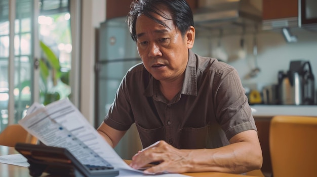 Un homme asiatique utilise une calculatrice pour calculer les dépenses tout en gardant des factures familiales chez lui.