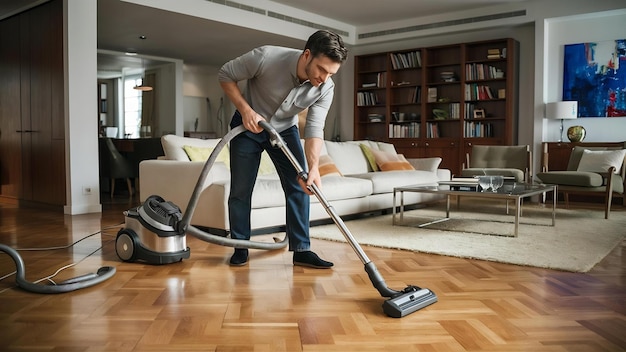 Un homme aspire avec un aspirateur sur le parquet du salon.