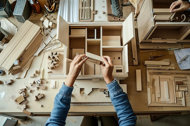 Un homme assemble un modèle 3D en carton