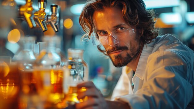 Un homme assis au bar tenant un verre de bière