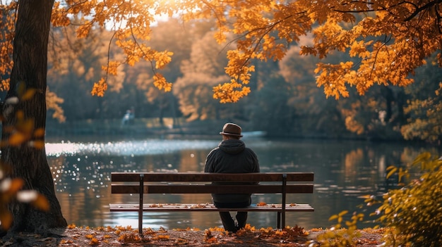 Un homme assis sur un banc au bord de l'eau en automne ai