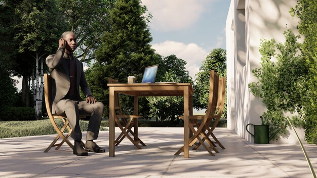 Photo homme assis sur un banc dans un café parlant au téléphone