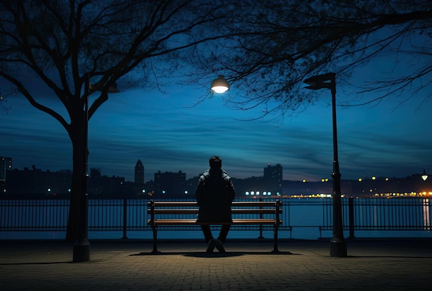 homme assis sur un banc à la lueur des lampes de la ville