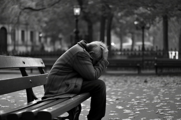 Homme assis sur un banc avec la tête baissée et les mains couvrant son visage semblant être dans la douleur émotionnelle ou le chagrin IA générative