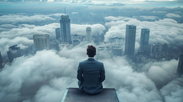 Un homme assis sur un bâtiment entouré de nuages